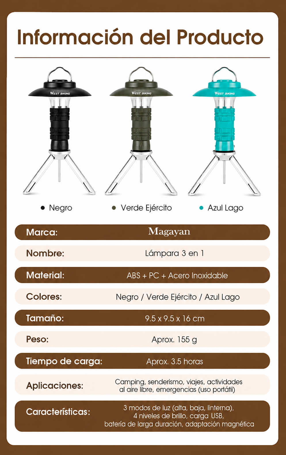 Luz portátil para acampa 3 en 1