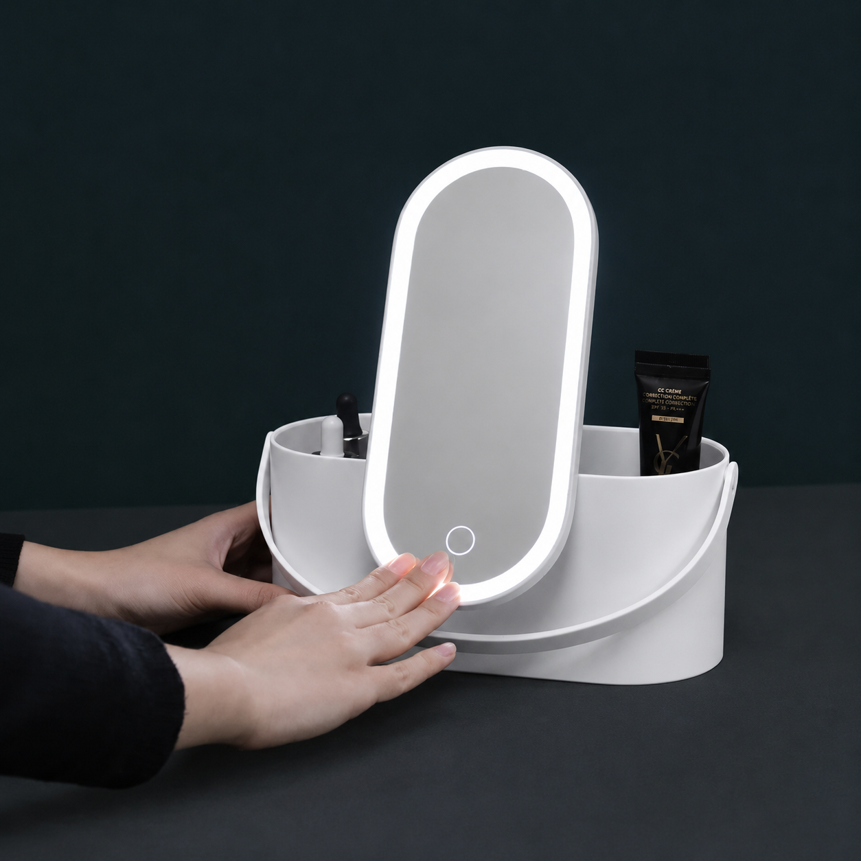 Espejo de maquillaje LED portátil con almacenamiento