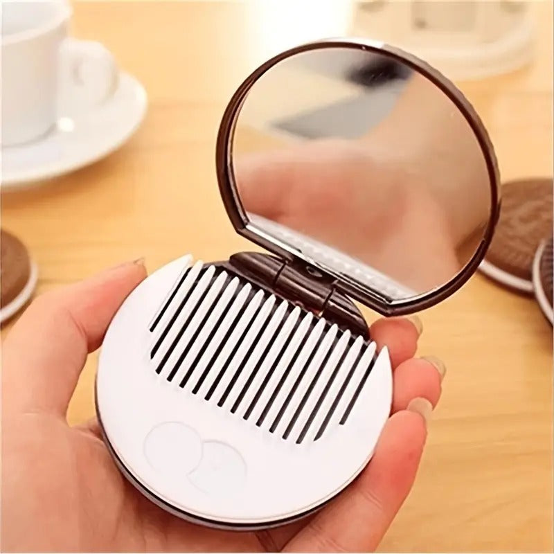 Espejo de maquillaje redondo plegable portátil con peine