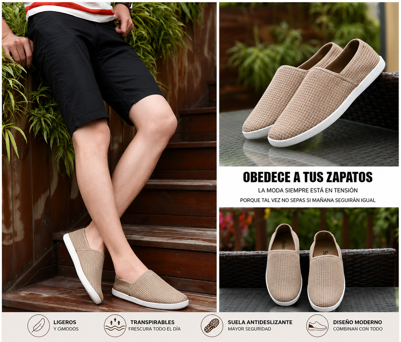 Mocasines casuales transpirables de lona blanca para hombre.